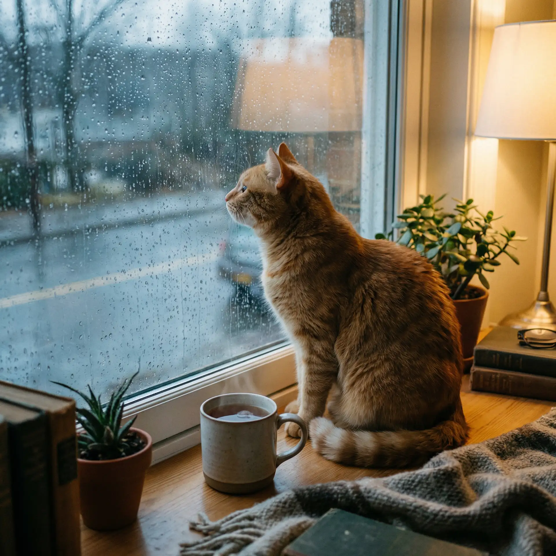 猫咪望着窗外的雨 - 亚州图色